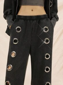 Easelle Women's Vintage Black Autumn Streetwear Everyday Fashion Western Style Grommet Sweatshirt & Pants Set,Wash Water Metal Eyelets Hoodies Fall Winter - Black - View 7