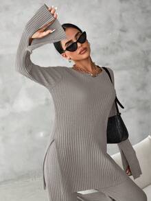 EURMUSE Cotton Solid Split Hem Tee & Flare Leg Pants - Coffee Brown - View 3