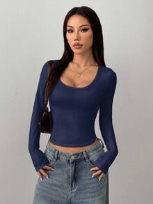 SHEIN PETITE Camiseta feminina casual de manga comprida, gola redonda, cor sólida, modelagem slim, ideal para o verão e outono/inverno. Blusa azul-escura, blusa azul de manga comprida, blusa azul feminina justa, blusa feminina com decote redondo.