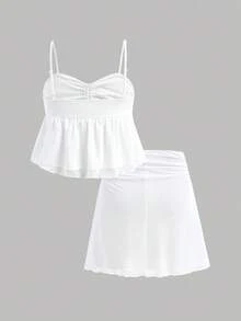 SHEIN Girlism Tween Girl Casual Minimalist Comfortable Camisole With Ruffle Hem & Tie Waist Skirt Set - White - View 2