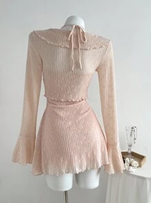 Elamini 2 件套女士秋冬时尚蕾丝花边吊带背心和蕾丝领收腰 A 字迷你连衣裙套装 - 粉色 - 查看 2