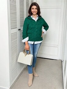 SHEIN LUNE Women's Solid Color Patchwork Front Zipper Long Sleeve Cable Knit Cardigan - Green - View 3