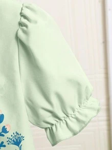 SHEIN 青少年女孩圆领纽扣短袖上衣和荷叶边下摆 A 字裙 2 件套 - 薄荷綠 - 查看 3