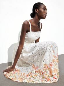 Maija 女式多色印花方领设计收腰别致度假浪漫波西米亚宽领口无袖褶皱腰喇叭形 A 字拼接沙滩裙，波西米亚风格伊莎贝拉岛度假装，夏季多巴胺度假装，独立音乐节西式长裙 - 彩色 - 查看 1