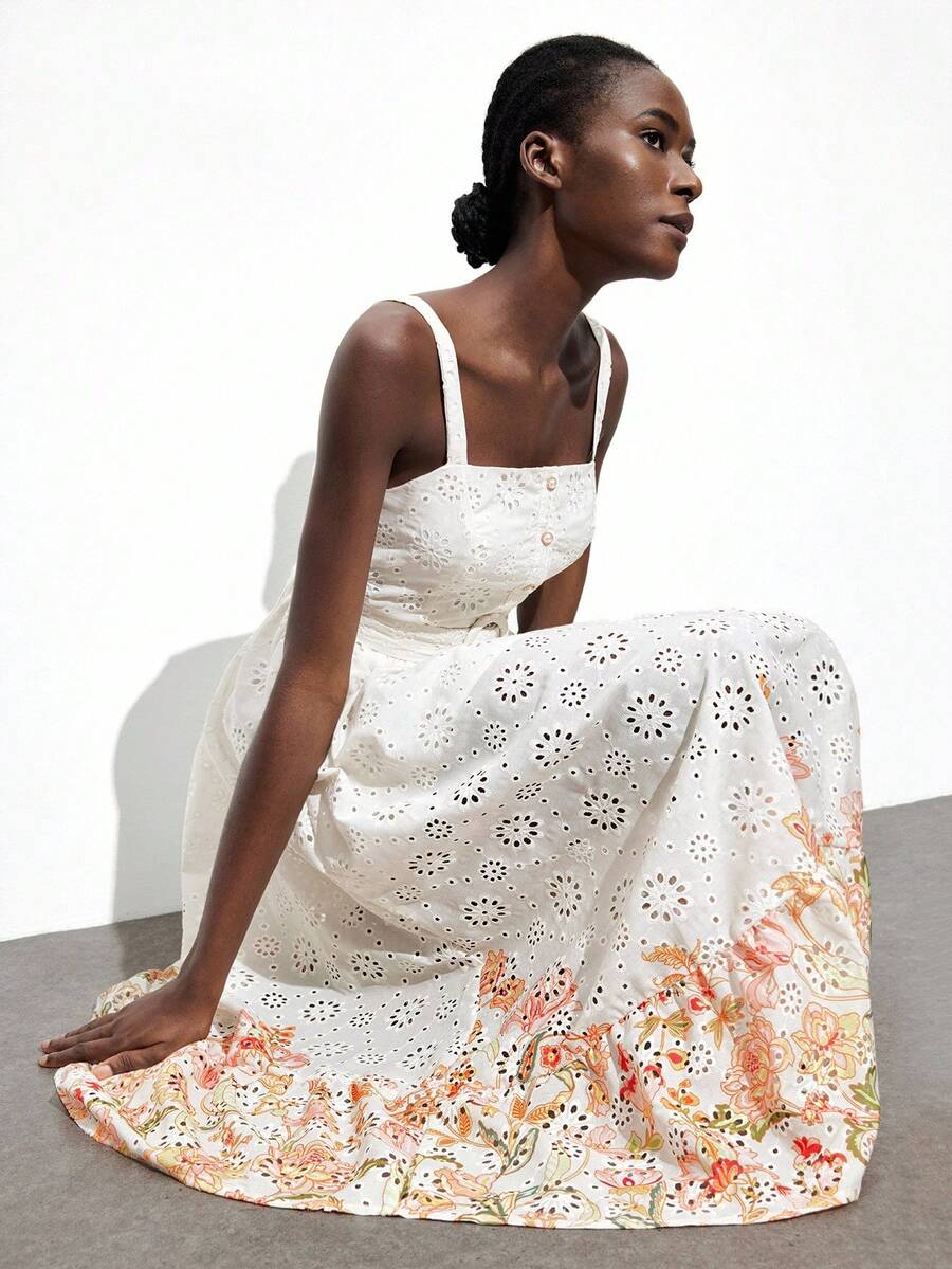 Maija 女式多色印花方领设计收腰别致度假浪漫波西米亚宽领口无袖褶皱腰喇叭形 A 字拼接沙滩裙，波西米亚风格伊莎贝拉岛度假装，夏季多巴胺度假装，独立音乐节西式长裙 - 彩色 - 查看 1