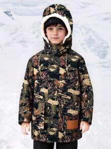 SHEIN Young Boy Branch & Maple Leaf Print Pattern Long Sleeve Woven Outerwear Hooded Coat, Brown, Green, Black, Suitable For Garden, Beach, Birthday, Autumn/Winter, Back Top School - Multicolor - View 2