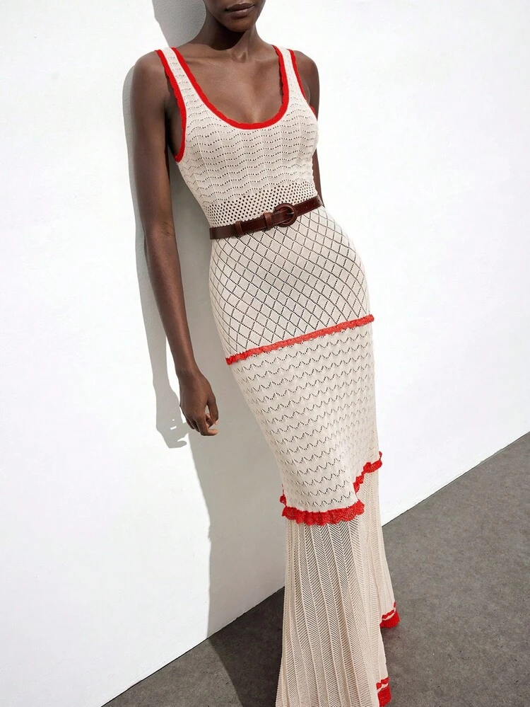 SHEIN Maija Women's Apricot Knitted Contrast Red Lace Trim Oversized Collar Sleeveless Fitted Flared Hem Dress, Soft Yarn, Versatile Casual Boho Chic Style Suitable For Music Festival, Country, Western, Bohemian, Elegant Modern Vacation Nomadic Casual Fashion All-Match Women's Country Concert Clothing Western Style Women's Clothing Nomadic Style Bohemian High-End Elegance All-Match Country Concert Clothing Versatile And Comfortable Sweater For Fall And Winter Modern Vacation Nomadic Casual Fashion All-