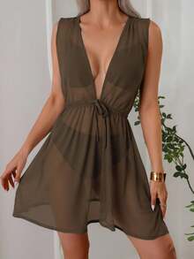 Swim Basics 夏季女装飘逸优雅浪漫宽松沙滩夏日度假罩衫娃娃裙白色连衣裙 - 棕色 - 查看 4