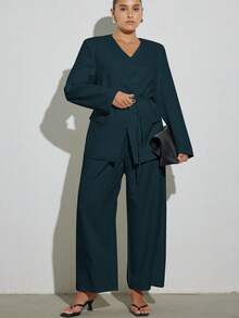 Aveloria Modichic 优雅长袖西装外套搭配直筒阔腿西装裤，办公室穿着 - 綠色 - 查看 4