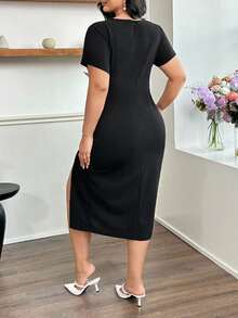 Modelyn Women's Round Neck Short Sleeve 3 Bowknot Fitted Bodycon Elegant Commuter Plus Size Dress - Black - View 2