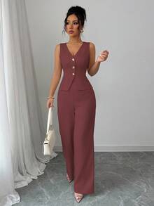 Elenzga 女士优雅无袖西装背心和裤子套装，商务/通勤风格，夏季 - 紅木色 - 查看 3