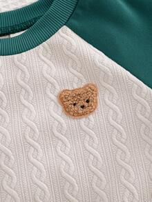 Cozy Pixies 2pcs Baby Boy Knitted Thickened Contrast Color Raglan Sleeve Crew Neck Pullover Top And Cuffed Pants Set Fall Winter - Dark Green - View 4