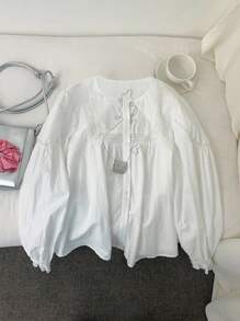 INAWLY 加大圆领灯笼袖衬衫 - 白色 - 查看 1