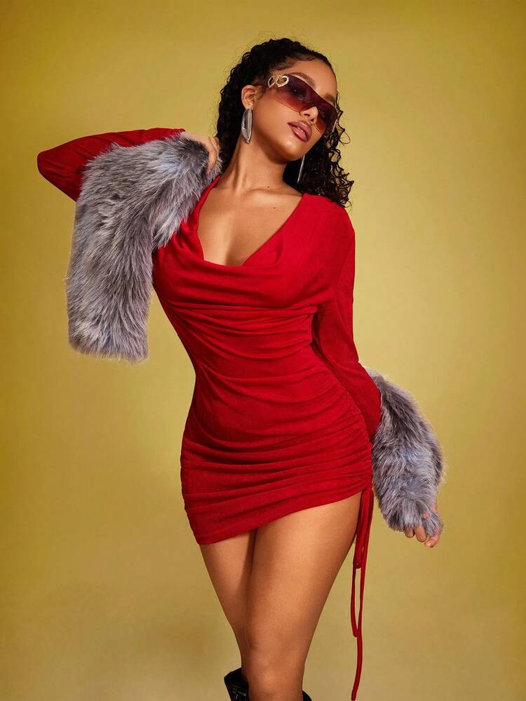 INAWLY 女式纯色低胸长袖抽绳腰部修身性感时尚连衣裙 - 酒紅色 - 查看 1