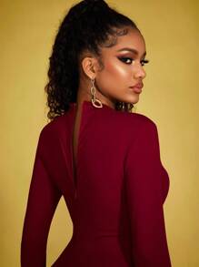 INAWLY Women Solid Color Elastic Skinny Jumpsuit For Autumn Fall Cloth For Women - Burgundy - View 3