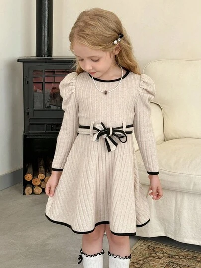 LMoss Kids 年轻女孩针织拼色圆领休闲连衣裙