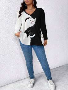 EMERY ROSE Plus Size Black & White Cat Print V-Neck Long Sleeve T-Shirt Fall Cloth For Women - Multicolor - View 4