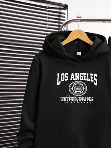 SHEIN 两件套青少年男童英文Logo印花连帽卫衣和英文印花束口裤套装，适合秋季、冬季、学校、居家、日常、运动等场合，百搭简约，冬季套装，冬季服装，秋季穿搭，秋季服装，儿童服装，黑色上衣，黑色裤子，秋季上衣。 - 黑色 - 查看 4