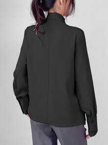 Uhlyne 纯色优雅长袖纽扣衬衫，长袖上衣 - 黑色 - 查看 2