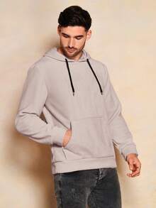 EURMUSE Men's Drawstring Hooded Casual Sweatshirt - Beige - View 4
