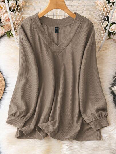 EMERY ROSE Plus Size Solid Color Casual Long Sleeve T-Shirt, Suitable For Spring And Autumn Fall Cloth For Women