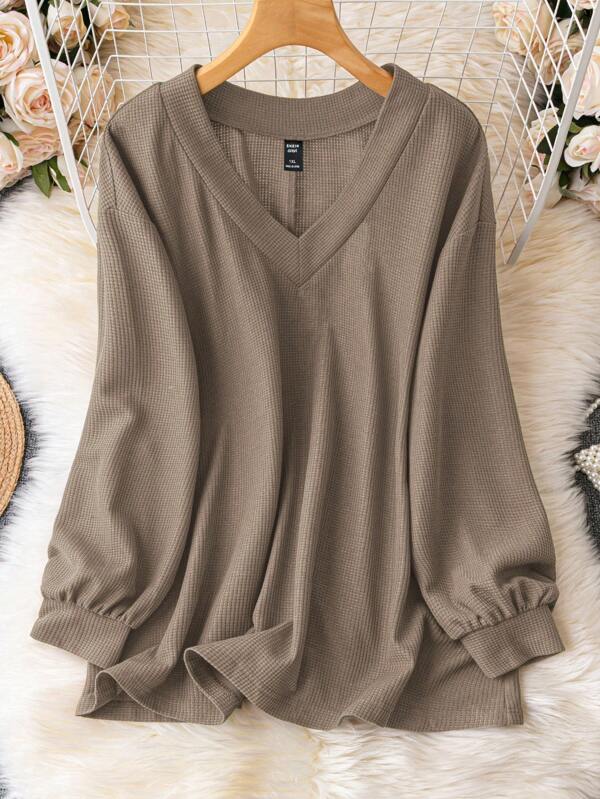 EMERY ROSE Plus Size Solid Color Casual Long Sleeve T-Shirt, Suitable For Spring And Autumn Fall Cloth For Women