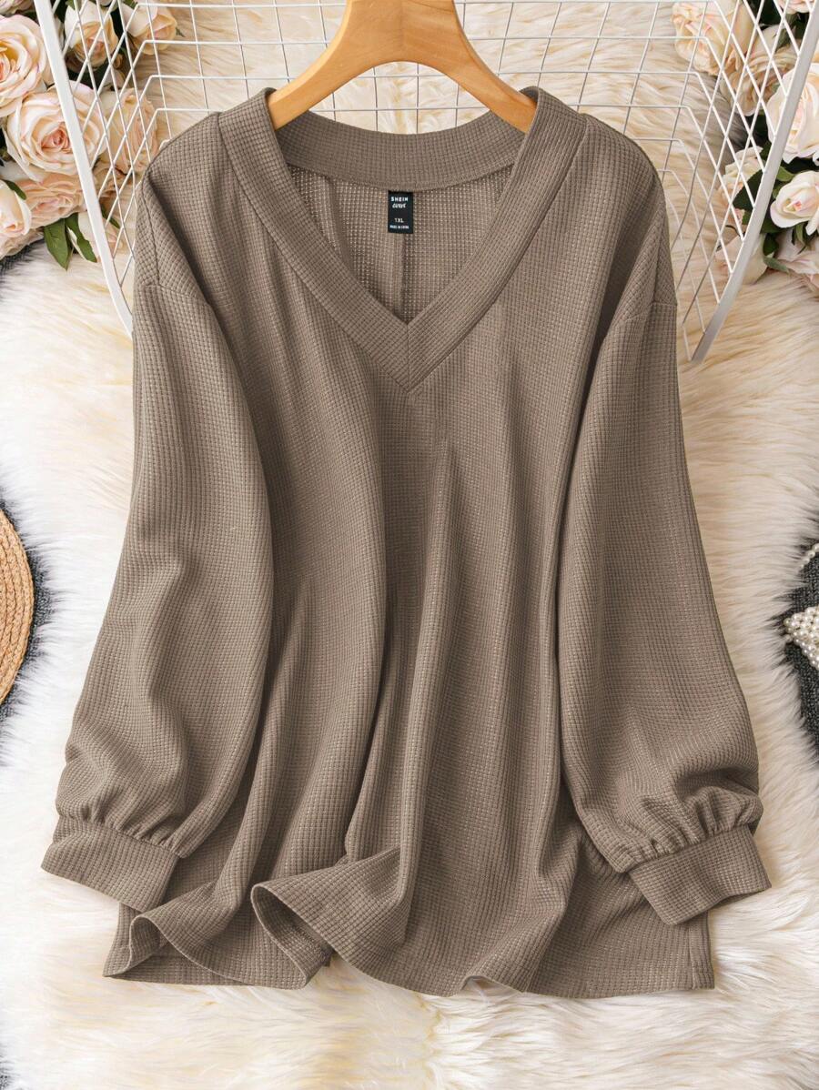 EMERY ROSE Plus Size Solid Color Casual Long Sleeve T-Shirt, Suitable For Spring And Autumn Fall Cloth For Women