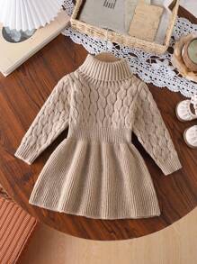 SHEIN Baby Girls Khaki High Collar Pullover A-Line Sweater Dress, Soft Knit Fabric Suitable For Outdoor & Indoor Wear, Autumn/Winter Fall - Khaki - View 3