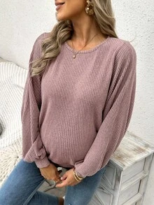 SHEIN 孕妇纯色圆领蝙蝠袖长袖宽松休闲运动衫 - 藕粉色 - 查看 5