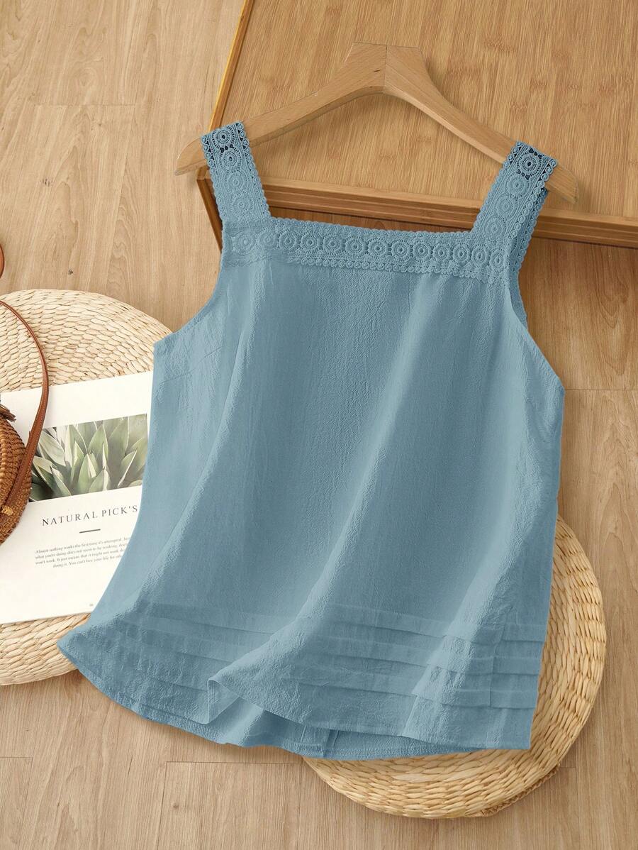 Rusticease 女士纯色蕾丝拼布方领无袖衬衫，夏季