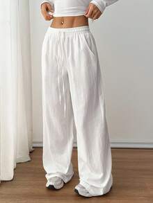 SHEIN PETITE Women's Summer Country Concert Going Out Boho Beach Vacation Outfits Basic Minimalist Washed 100%Cotton White Pants Curved Hem Pants,Fall Women Clothes White Wide Leg Pants Women - White - View 9