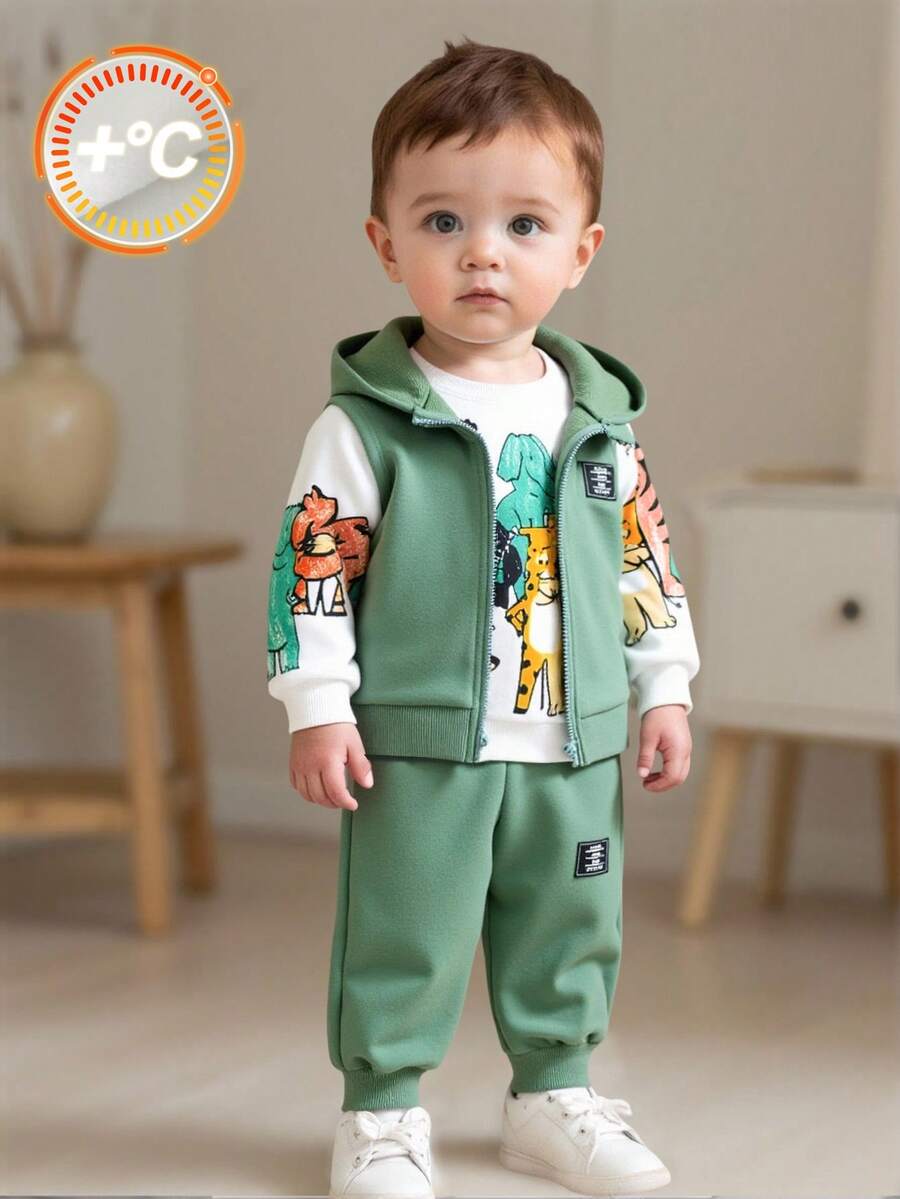 1. 男婴羊毛运动服，3 件套：连帽背心、长袖运动衫和带有可爱动物图案的慢跑裤，舒适百搭，适合室内/室外、日常穿着、运动、玩耍、派对、拍照、度假、返校、街头服饰，适合春季、夏季、秋季、冬季。 - 綠色 - 查看 1