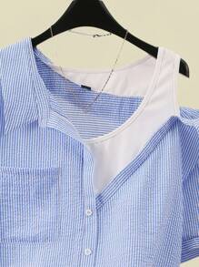SHEIN Franclia 大码条纹拼布口袋二合一衬衫 - 藍色 - 查看 1