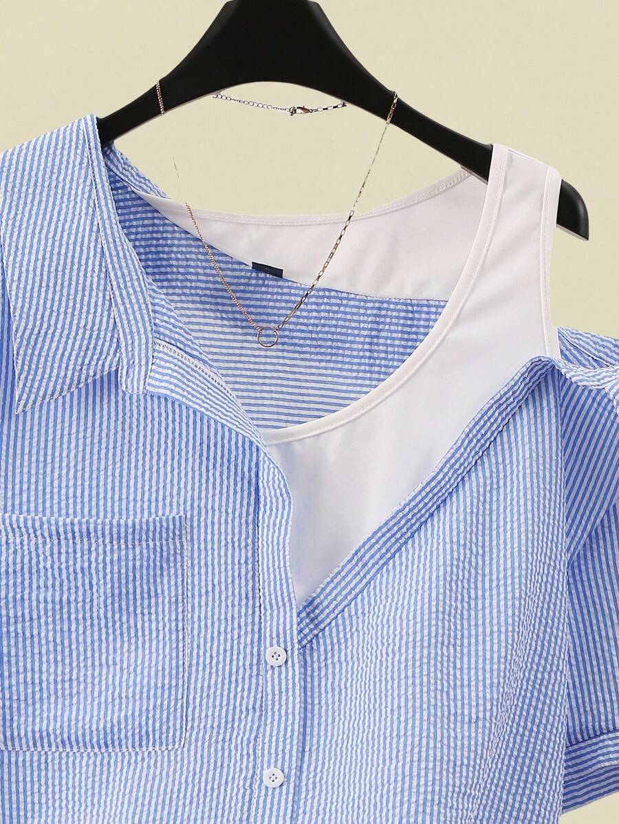 SHEIN Franclia 大码条纹拼布口袋二合一衬衫 - 藍色 - 查看 1