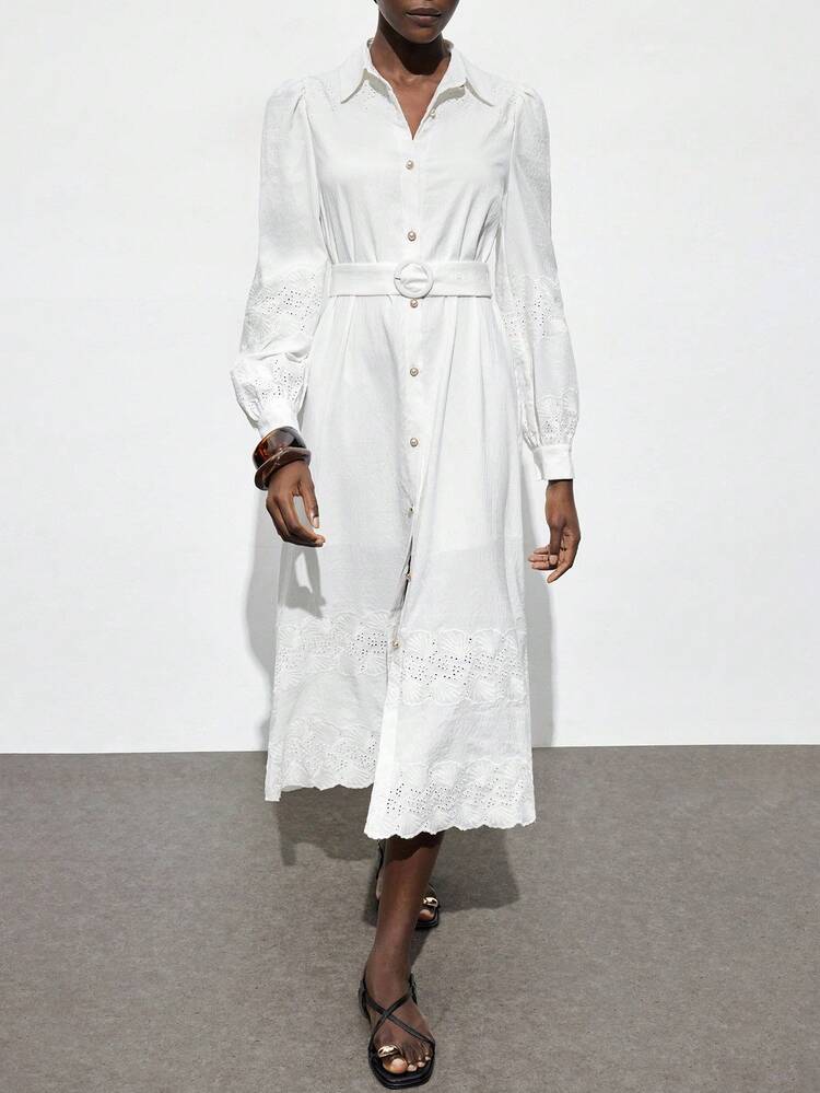 SHEIN Maija Women's White Embroidered Fabric High-End Shirt Collar Design Shirt Dress, Long Modest Vacation Romantic Fashion Bohemian Shirt Collar Design, Shoulder Epaulet Long Sleeve Ruched Waist A-Line Hem Beach Vacation Outfit, Boho Isabelline Island Vacation Style, Summer Dopamine Vacation Outfit, Countryside Music Festival Western Style Dress Modern Vacation Nomadic Casual Fashion All-Match Women's Country Concert Clothing Western Style Women's Clothing Nomadic Style Bohemian High-End Elegance A