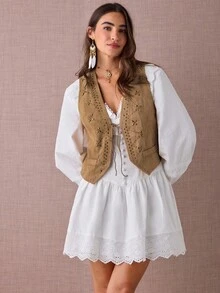 Enchnt Gilet da donna con decorazioni in strass, stile western, con lacci sul davanti, adatto per l'autunno/inverno