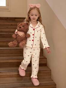 两件套可爱甜美樱桃印花长袖开衫和长裤，休闲舒适少女家居服樱桃睡衣套装，秋冬款 - 杏色 - 查看 12