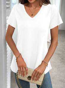 SHEIN Clasi 女士休闲纯色V领宽松T恤 - 白色 - 查看 3