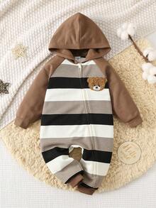 SHEIN 男婴秋冬服装套装，连体衣，加厚保暖斜拉链条纹撞色连帽连体衣，舒适百搭，时尚日常可爱小熊图案简约百搭，适合室内、室外、日常、运动、玩耍、派对、节日、万圣节、圣诞节、新年等场合。 - 卡其色 - 查看 4