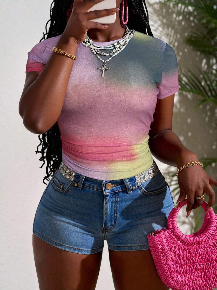 Slaydiva 2025 夏季新款休闲街头风格性感透明网眼拼色印花短袖修身女式上衣，适合音乐节、性感街头风格、毕业季、西部游牧风格、波西米亚风、日常外出、摩托车运动、俱乐部、坏人、生日派对、学生装、基本百搭、休闲、度假、邮轮旅行、海滩、日光浴、病毒式、派对聚会 - A