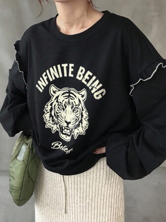 FRIFUL レディース クルーネック コントラストカラー フリルトリム アニマルレタープリント サーマルライニング コントラストカラースウェットシャツ、ハロウィンコスチューム、秋のグラフィックスウェットシャツ、タイガースウェットシャツ、フリルスウェットシャツ、クロップドスウェットシャツ、レディーススウェットシャツ