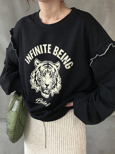 FRIFUL Women's Crew Neck Contrast Color Frill Trim Animal Letter Print Thermal Lined Contrast Color Sweatshirt, Halloween Costume, Autumn Graphic Sweatshirt Tiger Sweatshirt Sweatshirt With Ruffles Cropped Sweatshirt Women Sweatshirts