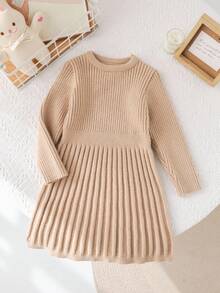 SHEIN 年轻女孩纯色圆领休闲毛衣裙 - 卡其色 - 查看 5