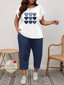EMERY ROSE 2pcs/Set Plus Size Women Faux Denim Texture Heart Print Short Sleeve Top And Pants Casual Outfit Suitable For Going Out,Holiday Outfits For Women - Navy Blue - View 3