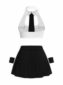 女士无袖镂空时尚撞色上衣、百褶裙服装（上衣、裙子、领带、2 副手套）