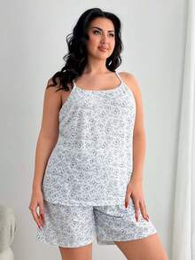 RueChic Plus Contrast Colour Butterfly Pattern Homewear Cami Top&Shorts Summer Pajama Set Women Pj Set Short Women S Pajama Women Nighty Women S Pajama Pants Pj Sets For Women Summer - White - View 8