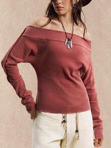 Easelle Women's Vintage Wash Water Bohemian Persimmon Red Off Shoulder Long Sleeve Knitted Women T-Shirt Fall Winter Women Clothes Off The Shoulder Tops