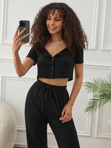 EURMUSE Women 2 Pcs Button Front Detail Crop Short Sleeve Shirt And Fake Drawstring Detail Lounge Bottom Homewear Set - Black - View 3
