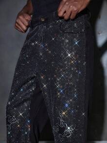 NEON BLANC 男士及膝菱形水钻装饰牛仔裤 - 黑色 - 查看 5