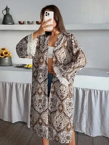 SHEIN Cottnline Women, Spring, Summer, Kimono, All Over Print, Long Sleeve, Loose Fit, Tassel - Multicolor - View 6